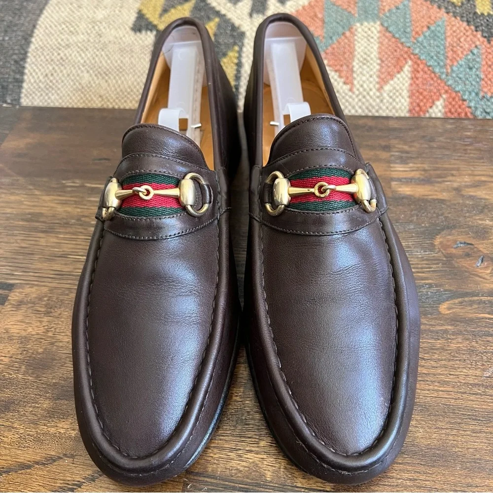 GUCCI Brow Leather Web Detail Horsebit Loafers EU41.5 US8